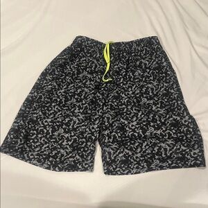 Nike Black and Gray Athletic Shorts with Neon Green Logo